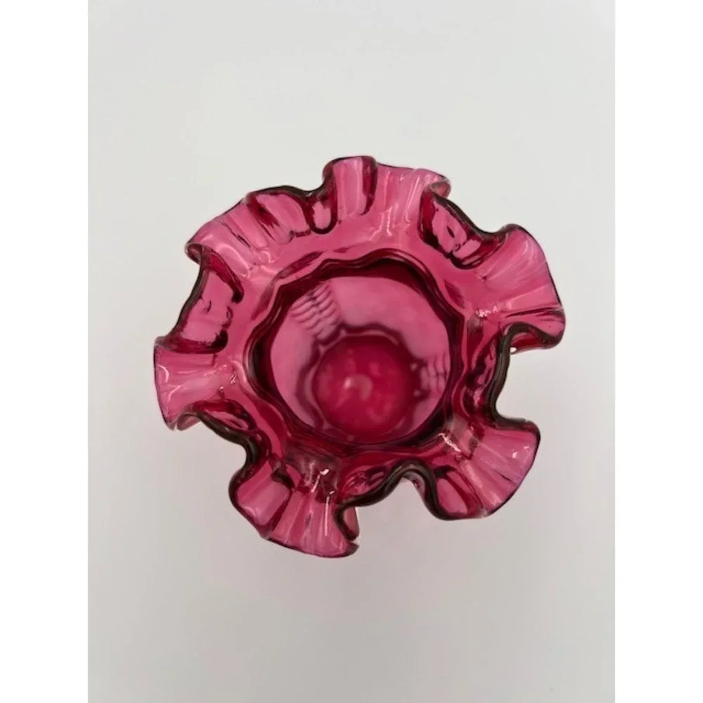 Fenton Cranberry Glass Ruffled Feather Bud Vase Pink Art Glass 4.5in